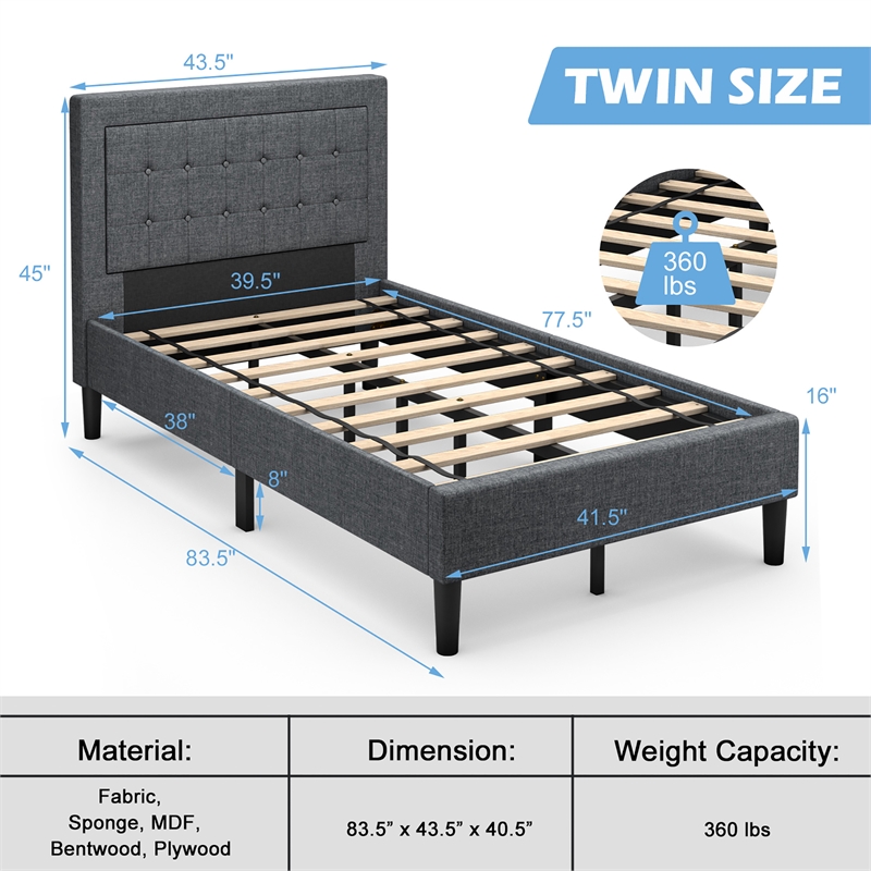 Twin Size Upholstered Bed Frame Button Tufted Foundation Gray