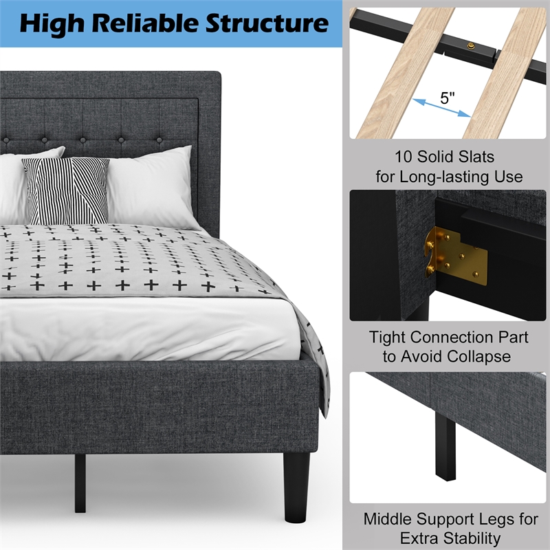 Twin Size Upholstered Bed Frame Button Tufted Foundation Gray