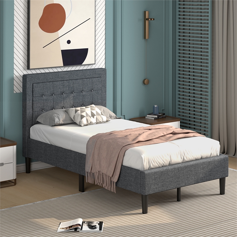 Twin Size Upholstered Bed Frame Button Tufted Foundation Gray