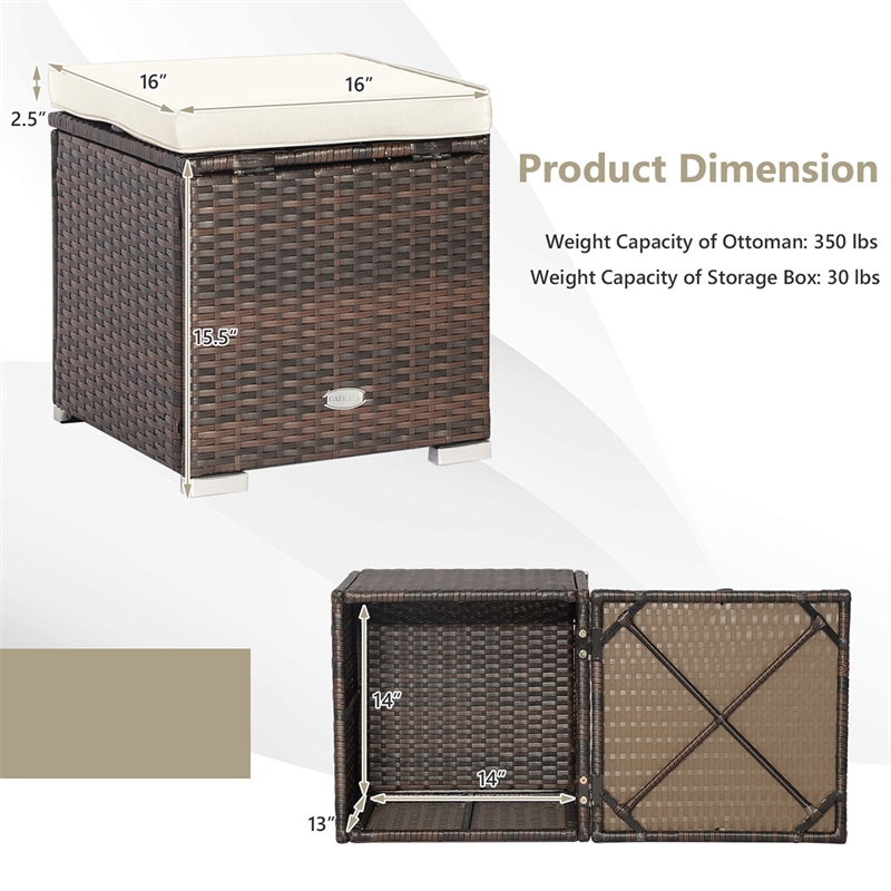 2PCS Patio Rattan Ottoman Seat Storage Box off White