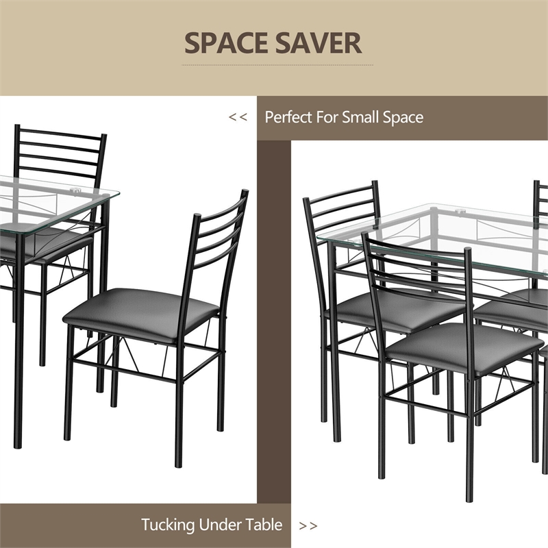5 Piece Dining Set Glass Top Table and 4 Upholstered Chairs  Black