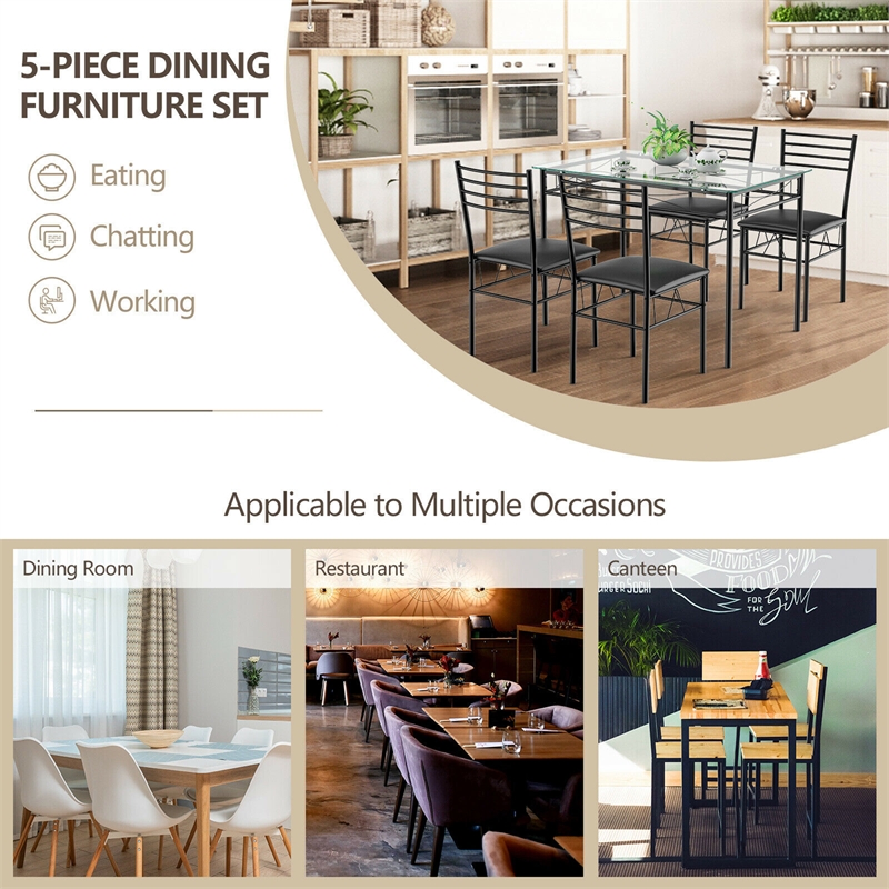 5 Piece Dining Set Glass Top Table and 4 Upholstered Chairs  Black