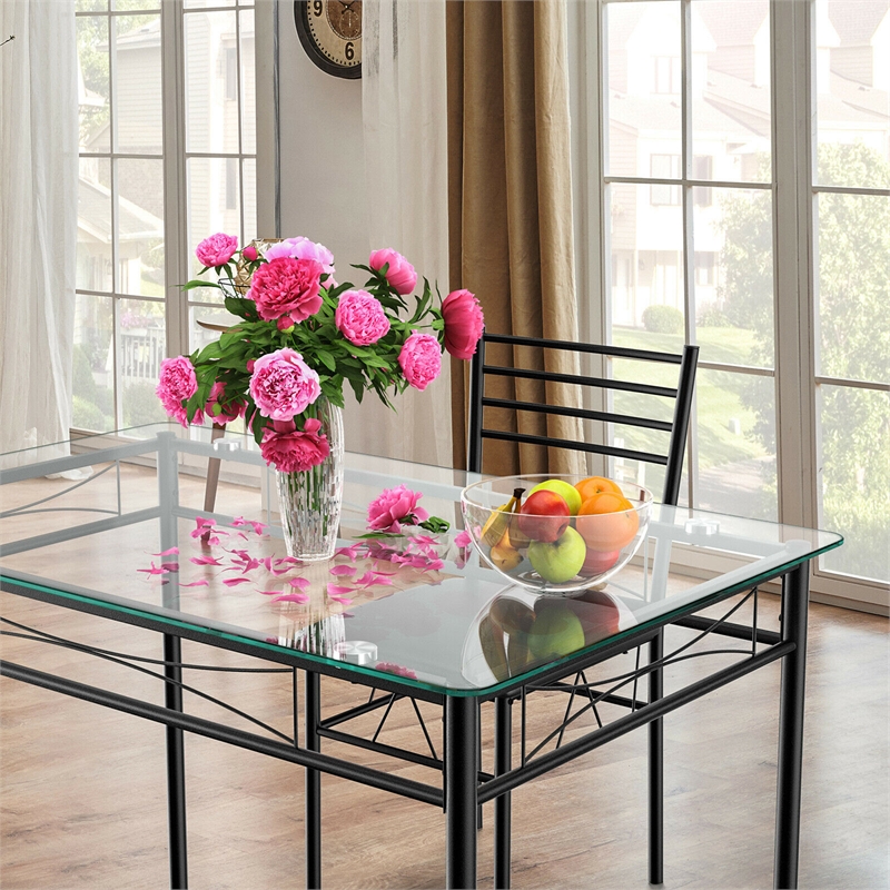 5 Piece Dining Set Glass Top Table and 4 Upholstered Chairs  Black