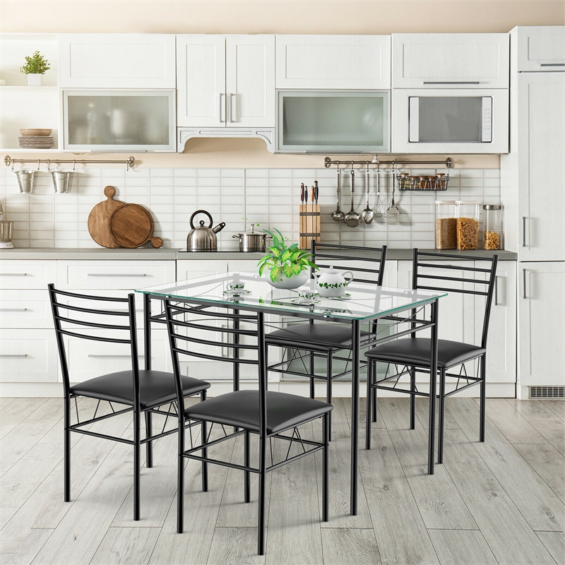 5 Piece Dining Set Glass Top Table and 4 Upholstered Chairs  Black