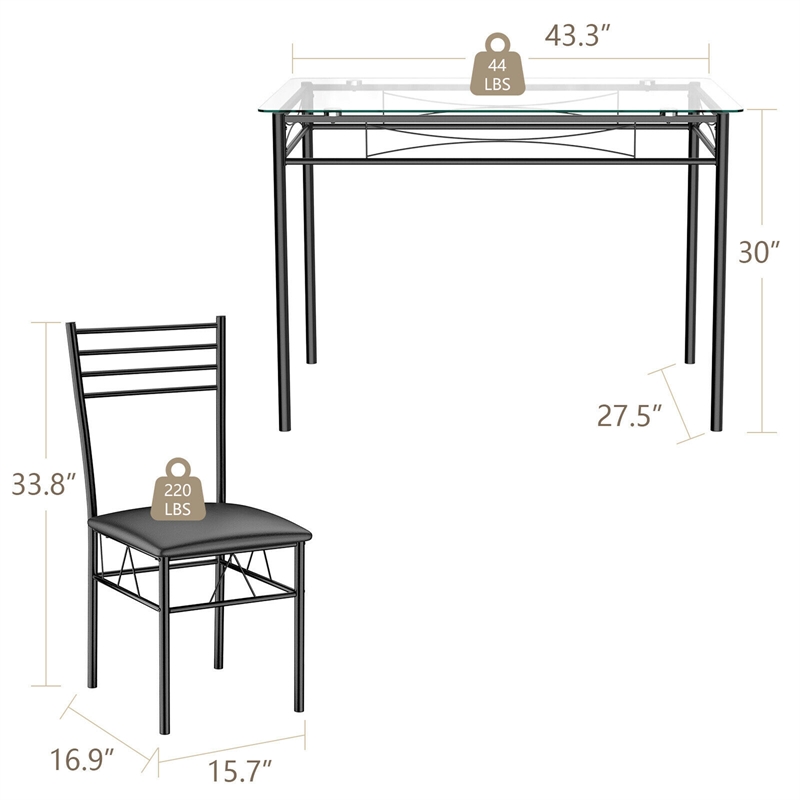 5 Piece Dining Set Glass Top Table and 4 Upholstered Chairs  Black