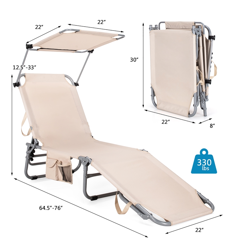 Foldable Sun Shading Lounge Chair Adjustable Beach Recliner Beige