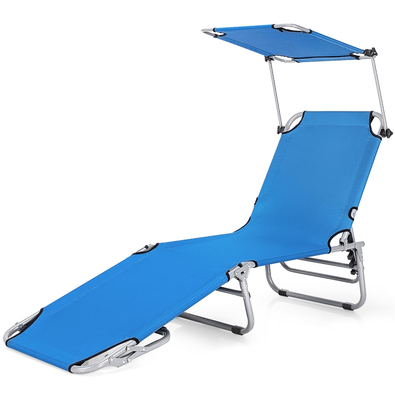 Foldable Sun Shading Lounge Chair Adjustable Beach Recliner Blue