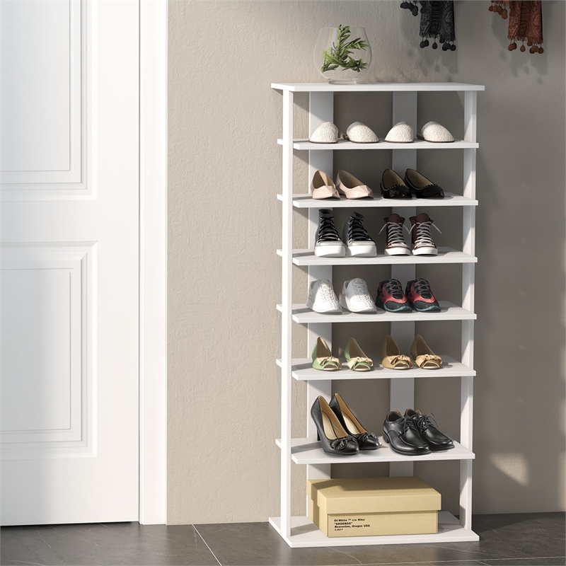 Patented 7 Tier Double Rows Shoe Rack Vertical Wooden Organizer White