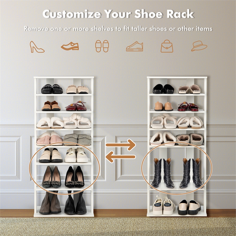 Patented 7 Tier Double Rows Shoe Rack Vertical Wooden Organizer White