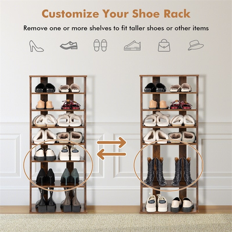 Patented 7 Tier Double Rows Shoe Rack Vertical Wooden Organizer Brown
