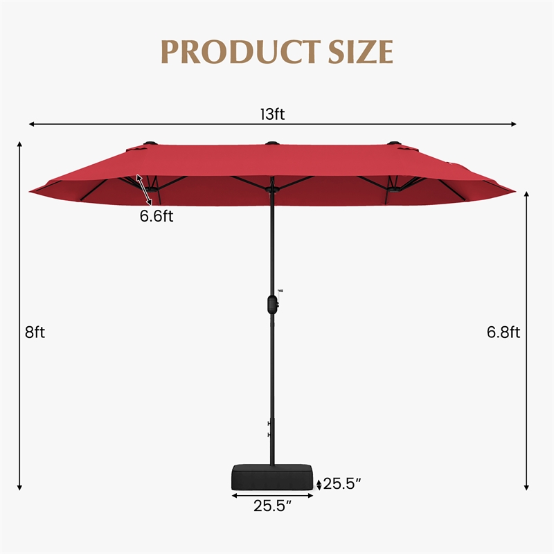 13FT Double sided Patio Umbrella w/Crank Handle Umbrella Base Wine