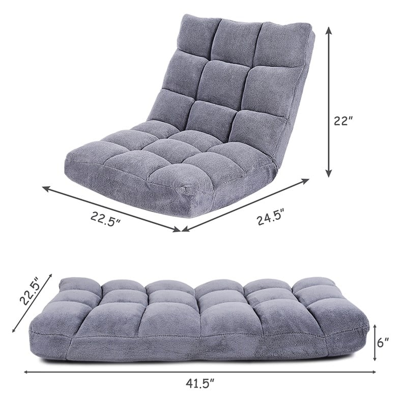 Adjustable 14 Position Floor Chair Folding Lazy Gaming Sofa Cushioned Gray