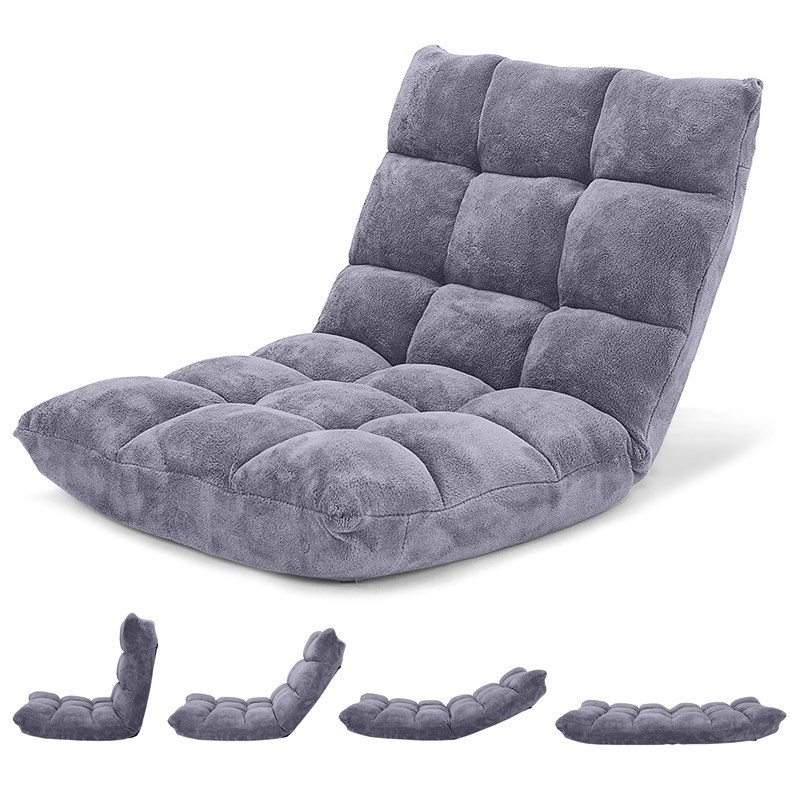 Adjustable 14 Position Floor Chair Folding Lazy Gaming Sofa Cushioned Gray