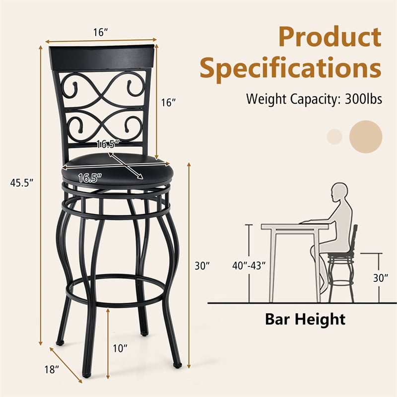 Set of 2 Vintage Bar Stools Swivel Padded Seat Bistro Pub Black