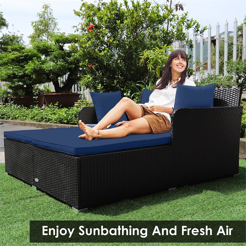 Outdoor Patio Rattan Daybed Cushioned Sofa Furniture Navy