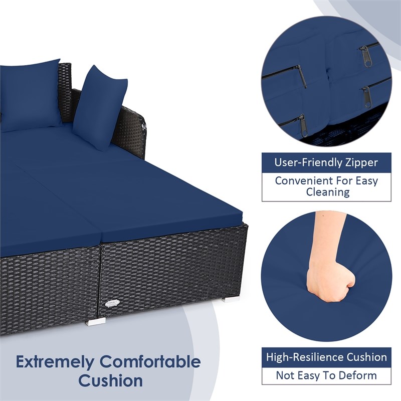 Outdoor Patio Rattan Daybed Cushioned Sofa Furniture Navy