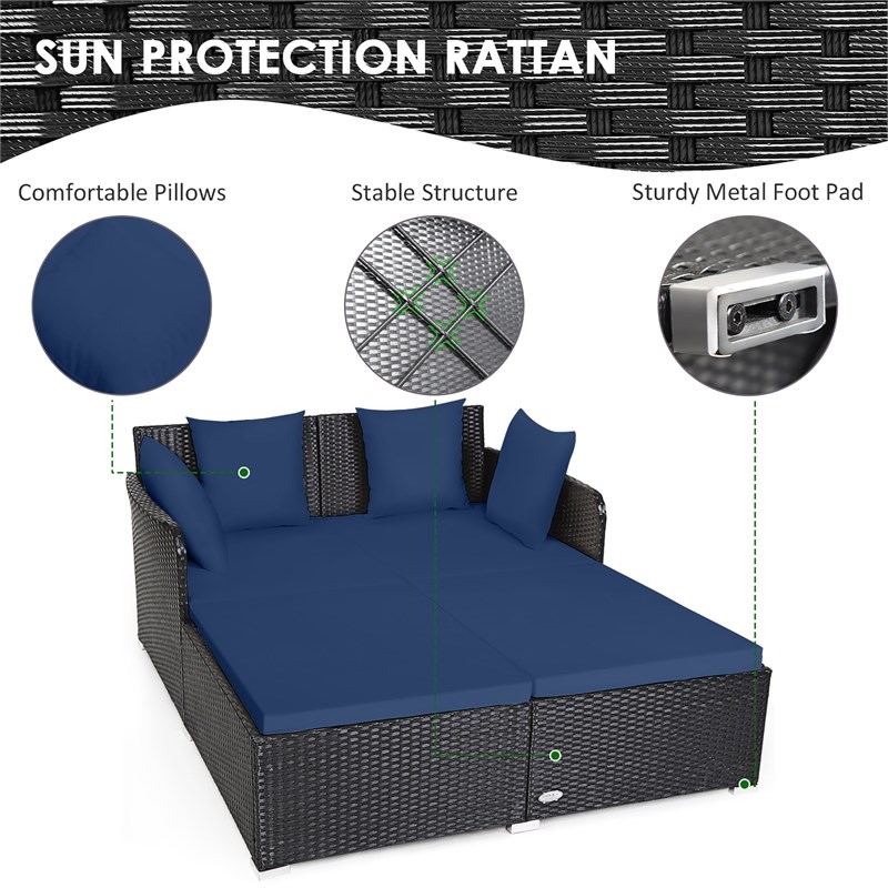 Outdoor Patio Rattan Daybed Cushioned Sofa Furniture Navy