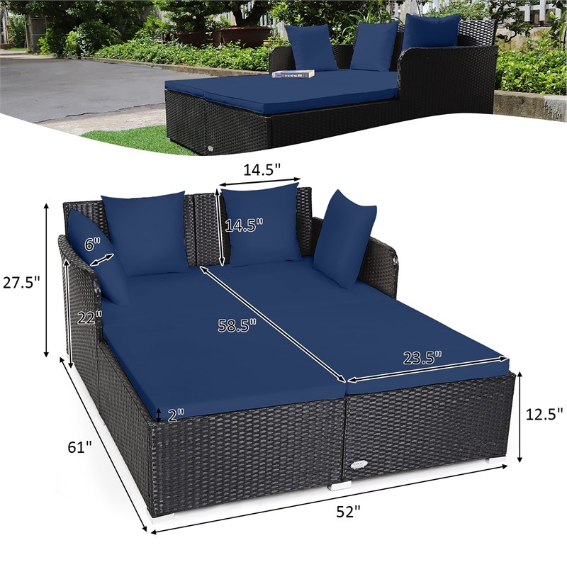 Outdoor Patio Rattan Daybed Cushioned Sofa Furniture Navy