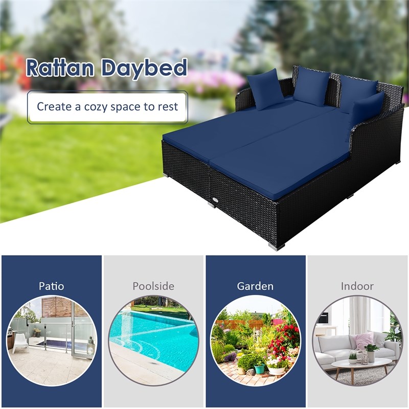 Outdoor Patio Rattan Daybed Cushioned Sofa Furniture Navy