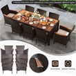 9PCS Patio Wicker Dining Set Wood Table Umbrella Hole Brown