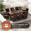 9PCS Patio Wicker Dining Set Wood Table Umbrella Hole Brown