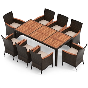 9PCS Patio Wicker Dining Set Wood Table Umbrella Hole Brown