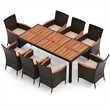 9PCS Patio Wicker Dining Set Wood Table Umbrella Hole Brown