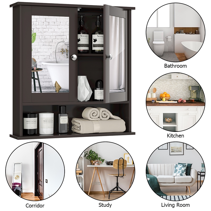 Bathroom Double Mirror Door Storage Medicine Cabinet Brown