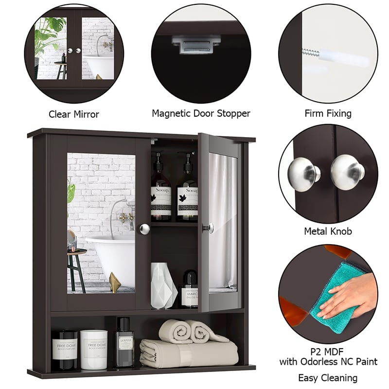 Bathroom Double Mirror Door Storage Medicine Cabinet Brown