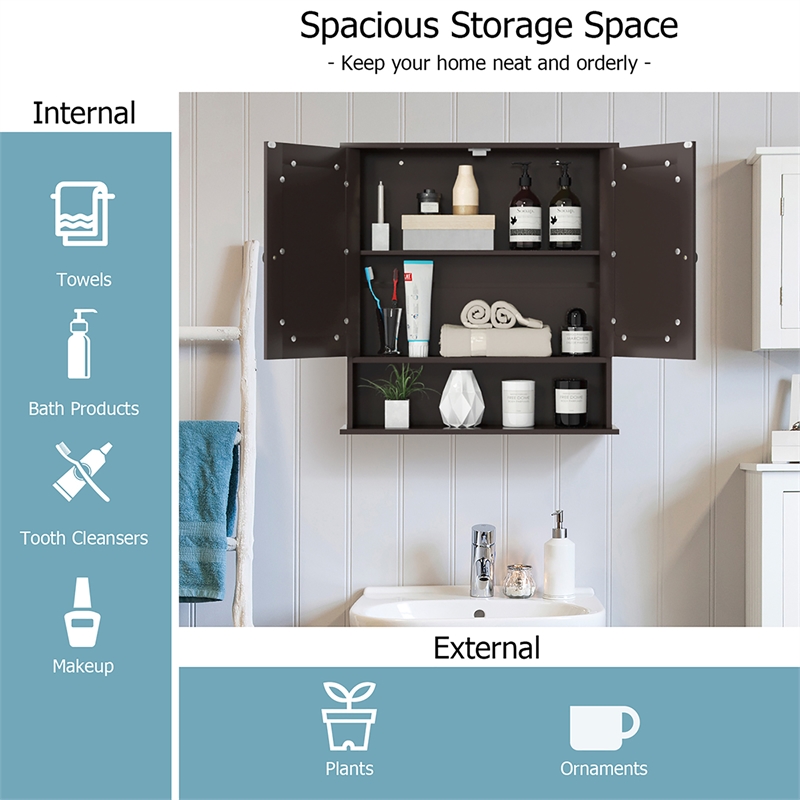Bathroom Double Mirror Door Storage Medicine Cabinet Brown