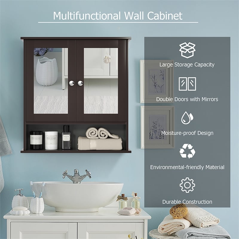 Bathroom Double Mirror Door Storage Medicine Cabinet Brown