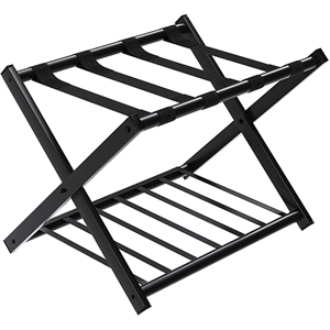 Folding Metal Luggage Rack Suitcase Shoe Holder with Shelf Black