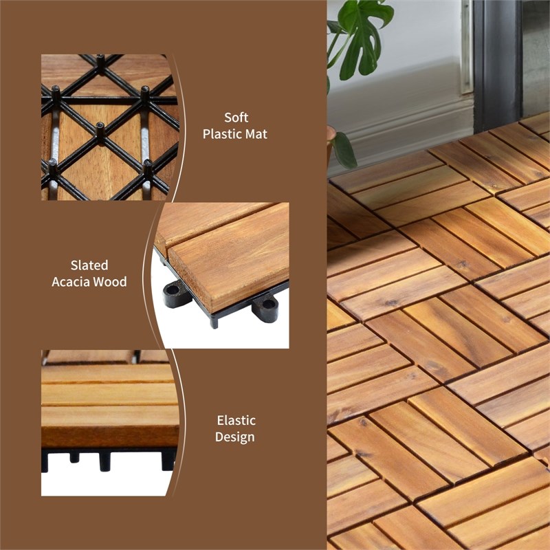 27PCS Patio Interlocking Tiles Acacia Slat Wood Garden Natural