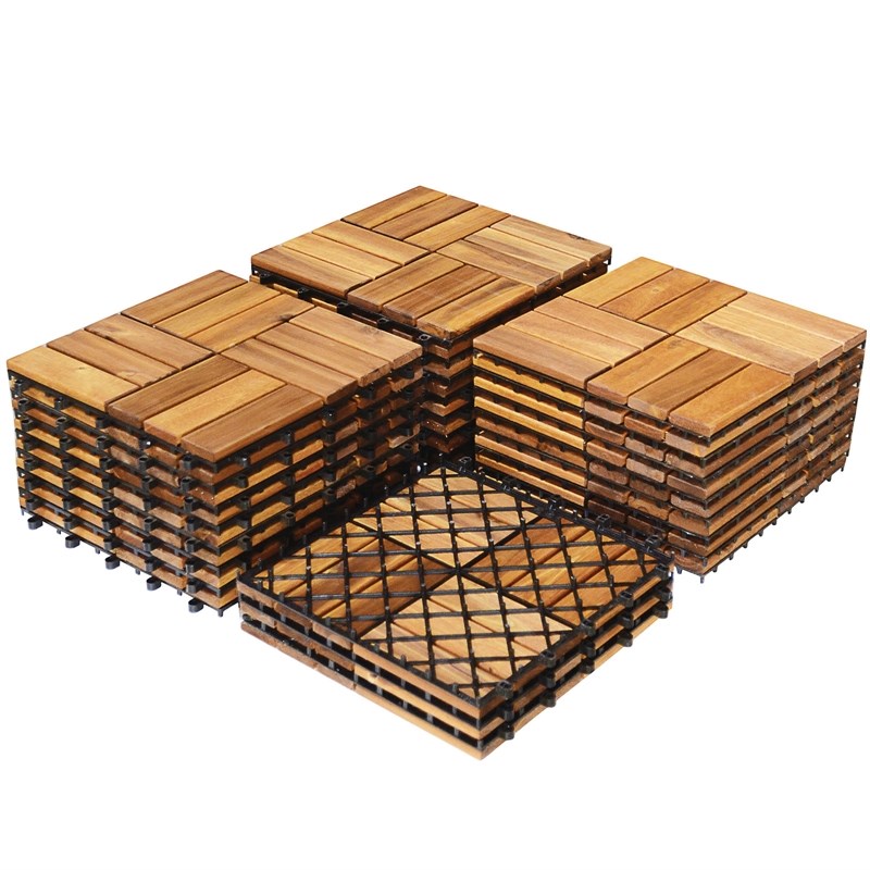 27PCS Patio Interlocking Tiles Acacia Slat Wood Garden Natural