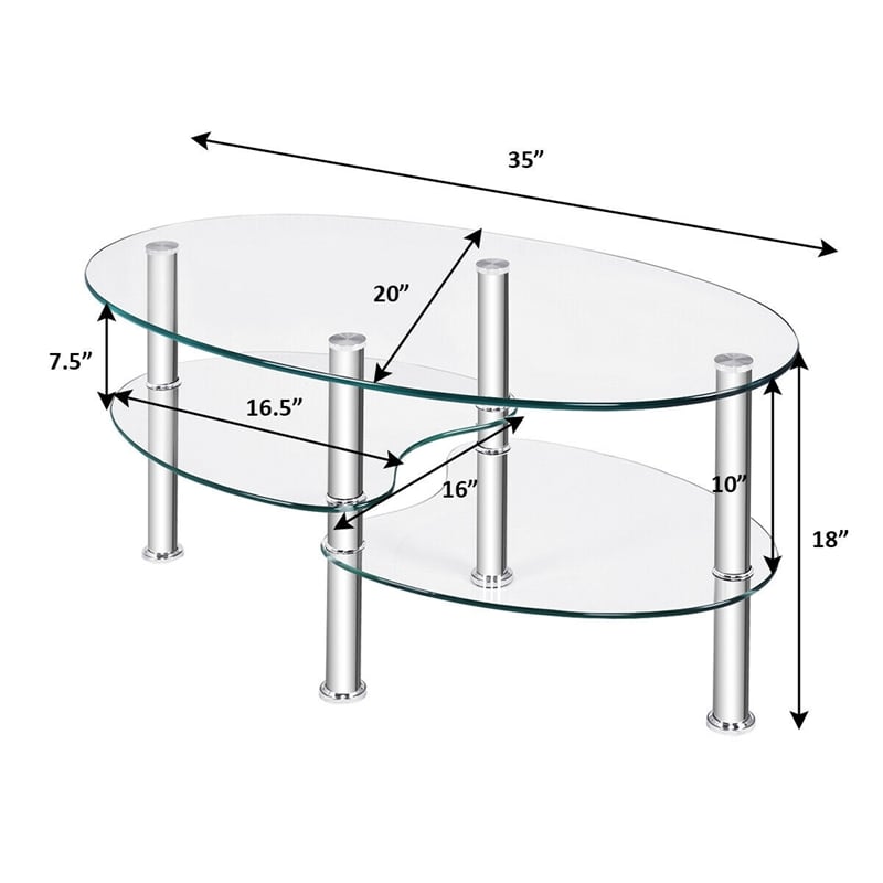 Tempered Glass Oval Side Coffee Table Shelf Chrome Base Clear