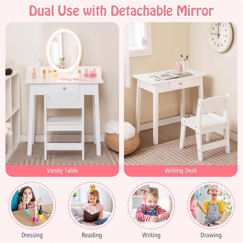 Vanity Set with Lighted Mirror Chair 2 Color LED Lighting Makeup White