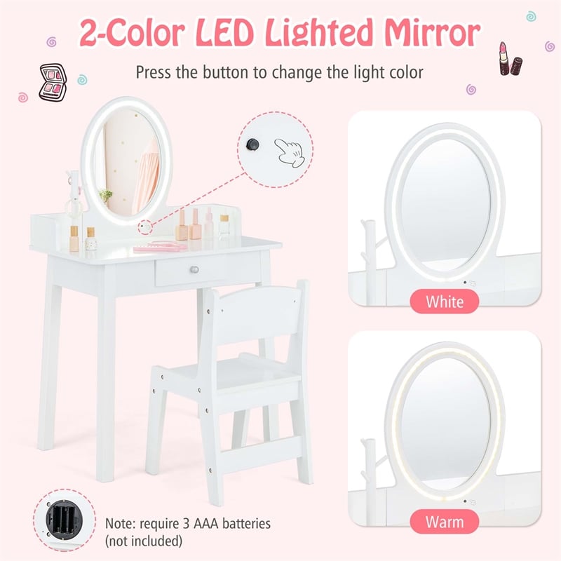 Vanity Set with Lighted Mirror Chair 2 Color LED Lighting Makeup White