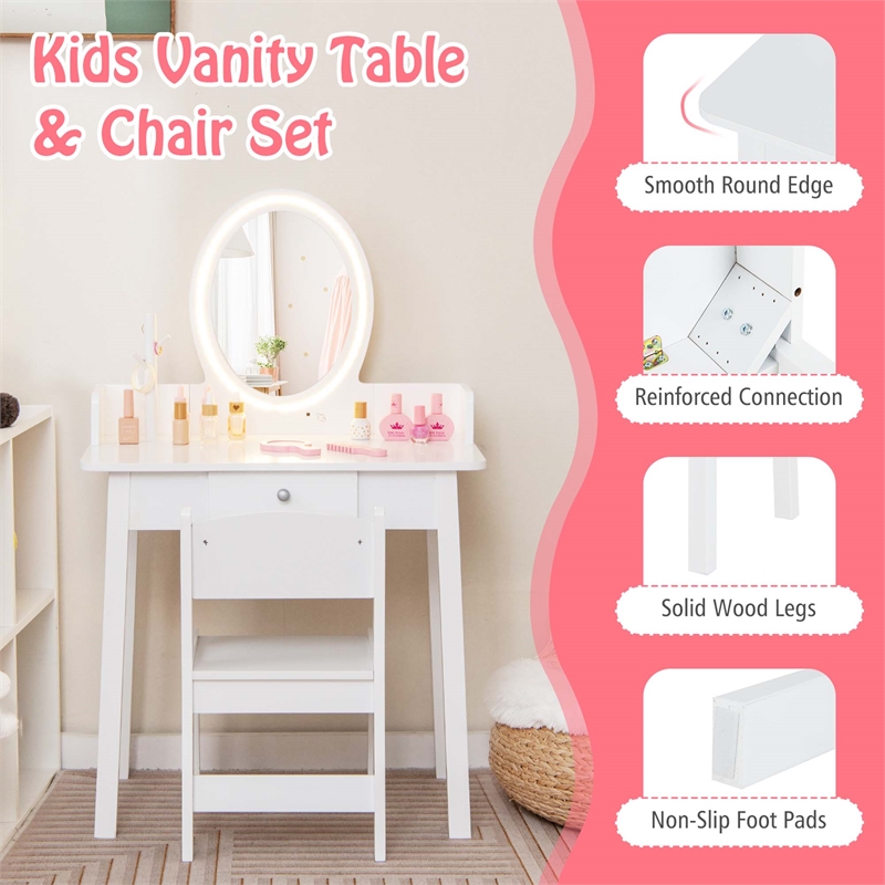 Vanity Set with Lighted Mirror Chair 2 Color LED Lighting Makeup White