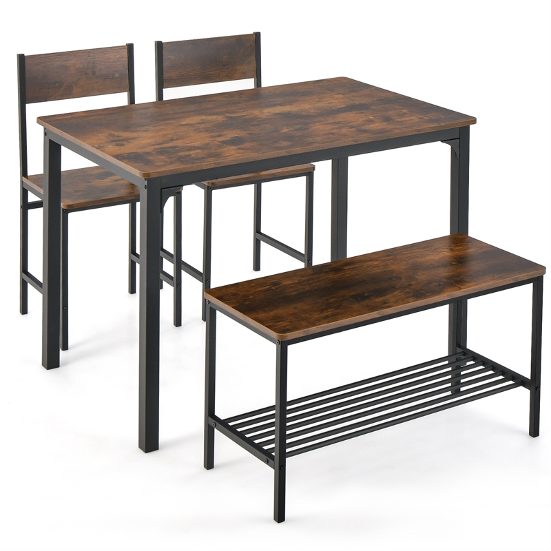 4pcs Dining Table Set Rustic Desk 2 Chairs and Bench  Brown