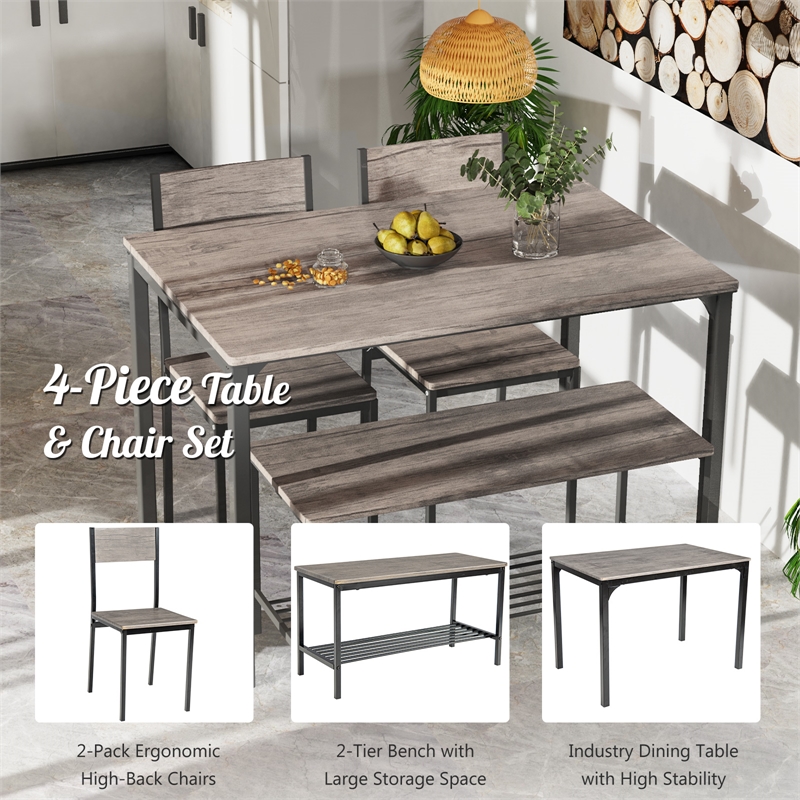 4pcs Dining Table Set Rustic Desk 2 Chairs and Bench Gray