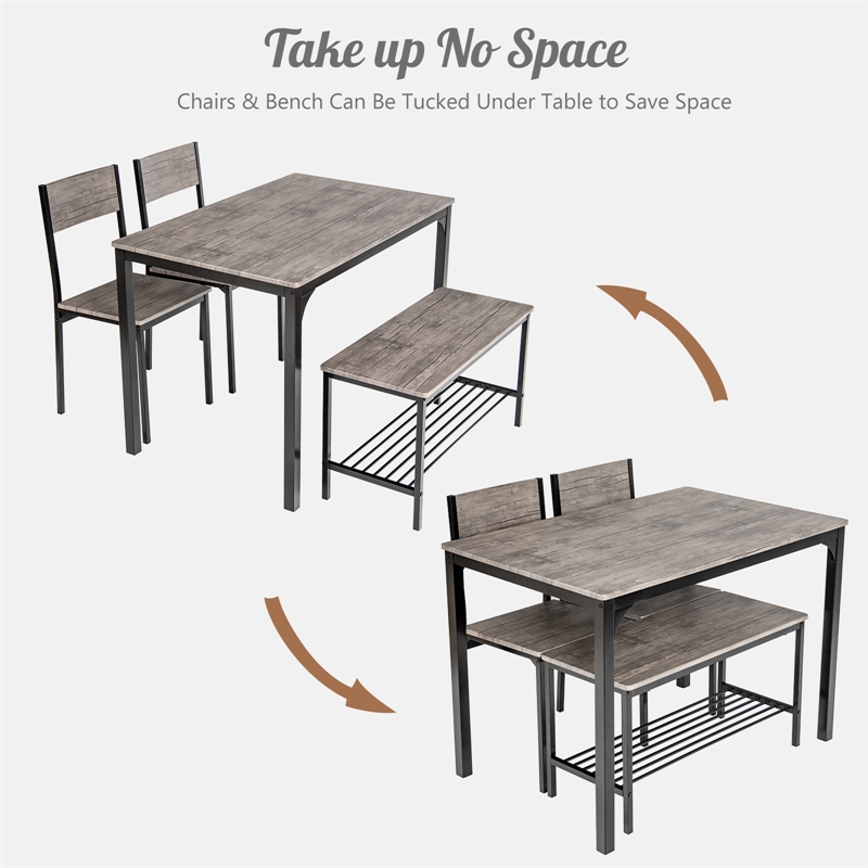 4pcs Dining Table Set Rustic Desk 2 Chairs and Bench Gray