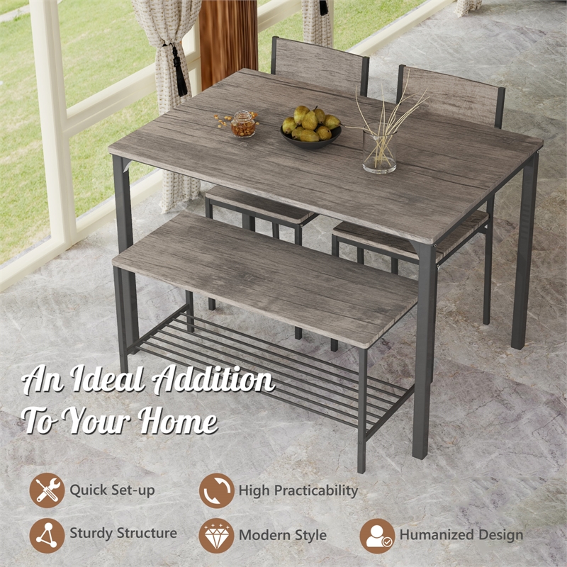 4pcs Dining Table Set Rustic Desk 2 Chairs and Bench Gray