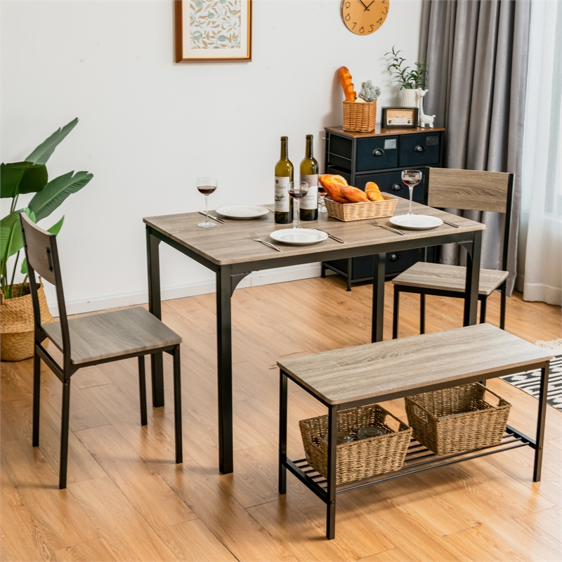 4pcs Dining Table Set Rustic Desk 2 Chairs and Bench Gray