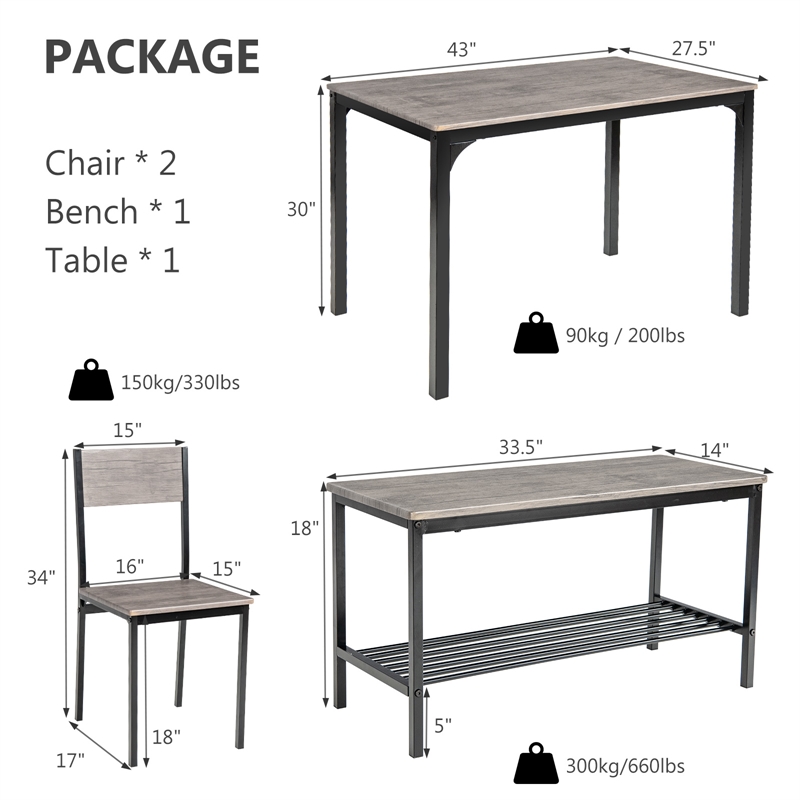 4pcs Dining Table Set Rustic Desk 2 Chairs and Bench Gray