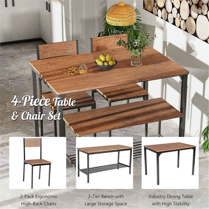 4pcs Dining Table Set Rustic Desk 2 Chairs and Bench Brown