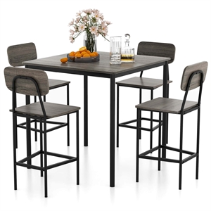 5 PCS Industrial Dining Table Set with 4 Bar Stools Grey