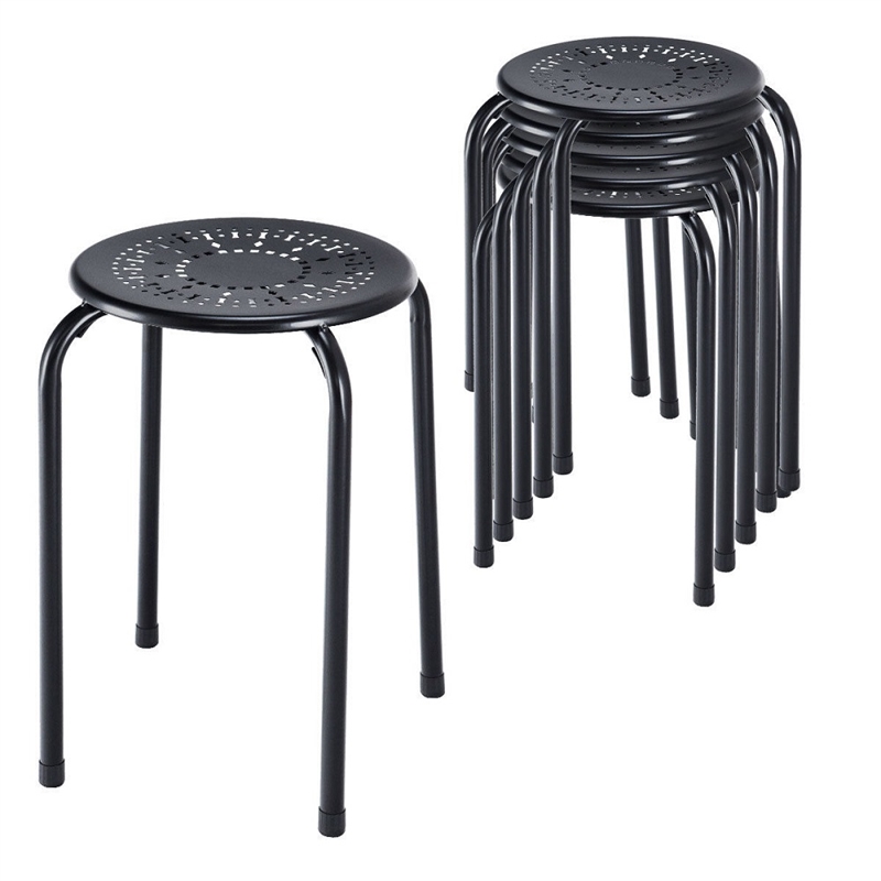 Golplus Backless Round Top Metal Stackable Stool Set in Black (Set of 6)