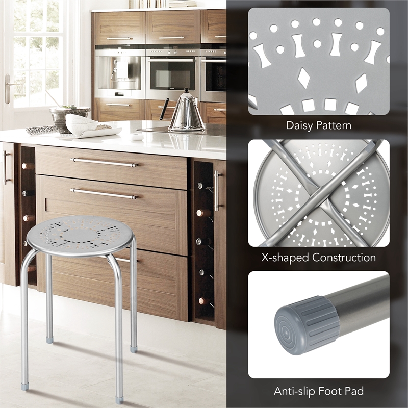 Set of 6 Stackable Metal Stool Set Backless Round Top Kitchen Gray