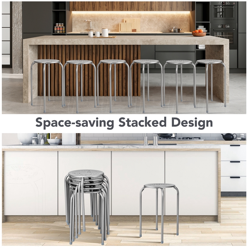 Set of 6 Stackable Metal Stool Set Backless Round Top Kitchen Gray