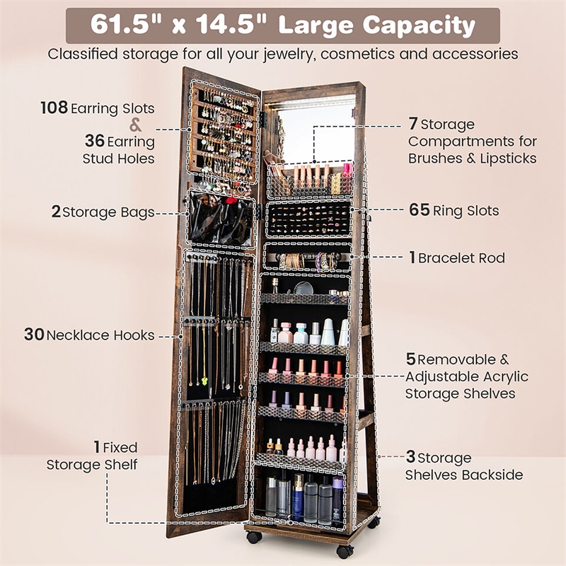 64 inch Jewelry Organizer Lockable Jewelry Cabinet Armoire Coffee